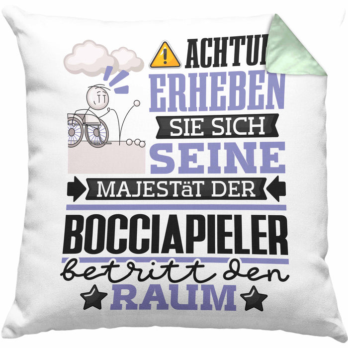 Bocciapieler Geschenk Kissen mit Füllung 40x40 Lustiger Spruch Erheben Sie Sich Der Bocciapieler Betritt den Raum (Grau) Grün Trendation