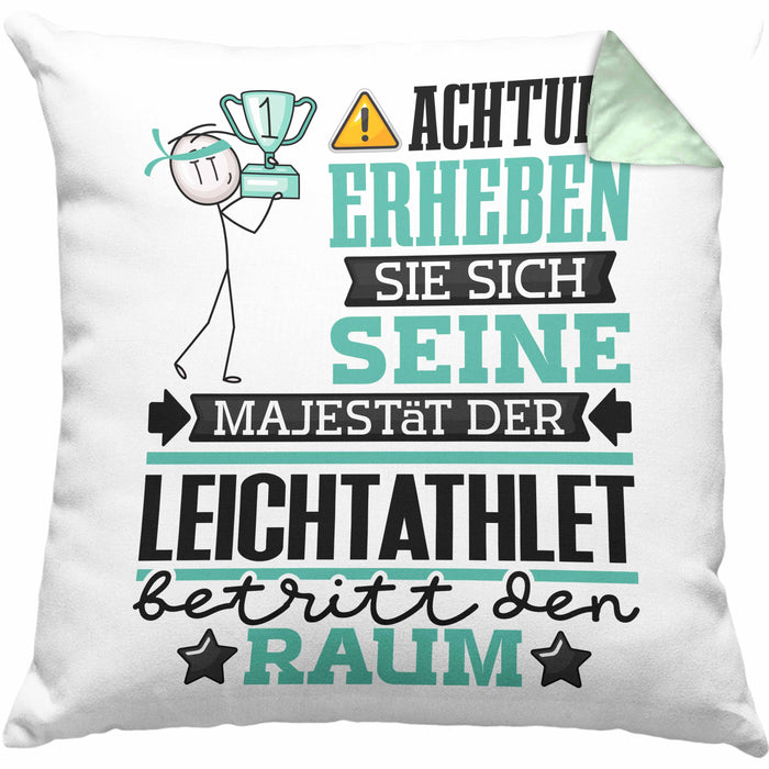 Leichtathlet Geschenk Kissen mit Füllung 40x40 Lustiger Spruch Erheben Sie Sich Der Leichtathlet Betritt den Raum (Grau) Grün Trendation