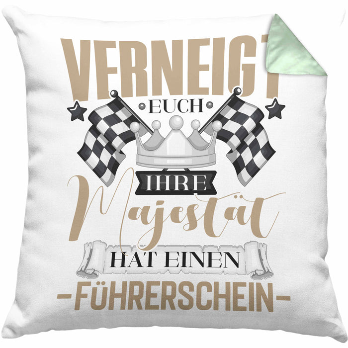 Führerschein Bestanden Geschenk Kissen mit Füllung 40x40 Bestandener Führerschein Verneigt Euch Ihre Majestät Hat Einen Führerschein Fahrschule (Grau) Grün Trendation