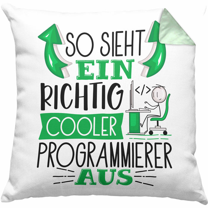 Programmierer Kissen mit Füllung 40x40 Geschenk So Sieht Ein RIchtig Cooler Programmierer Aus Geschenkidee Lustiger Spruch Geburtstag (Grau) Grün Trendation