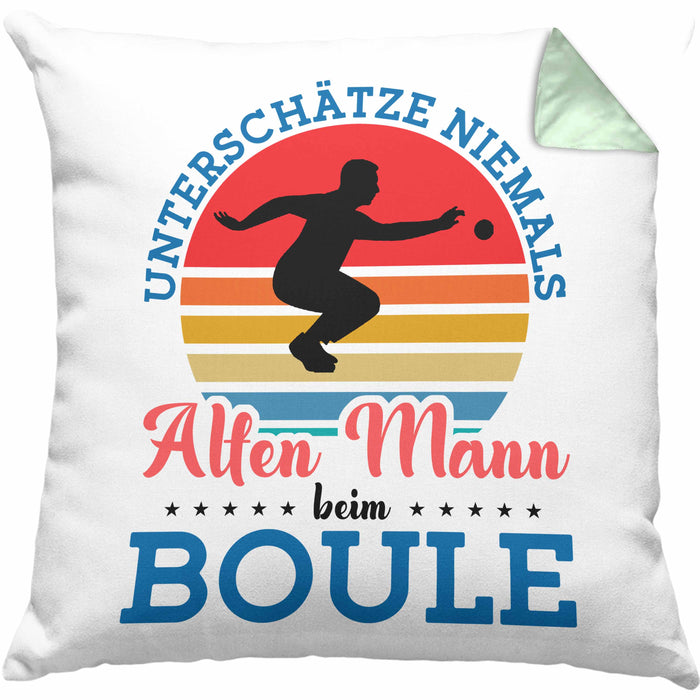 Boule Kissen mit Füllung 40x40 für Boule-Spieler als Geschenkidee Spruch Unterschätze Niemals Einen Alten Mann Beim Boule (Grau) Grün Trendation