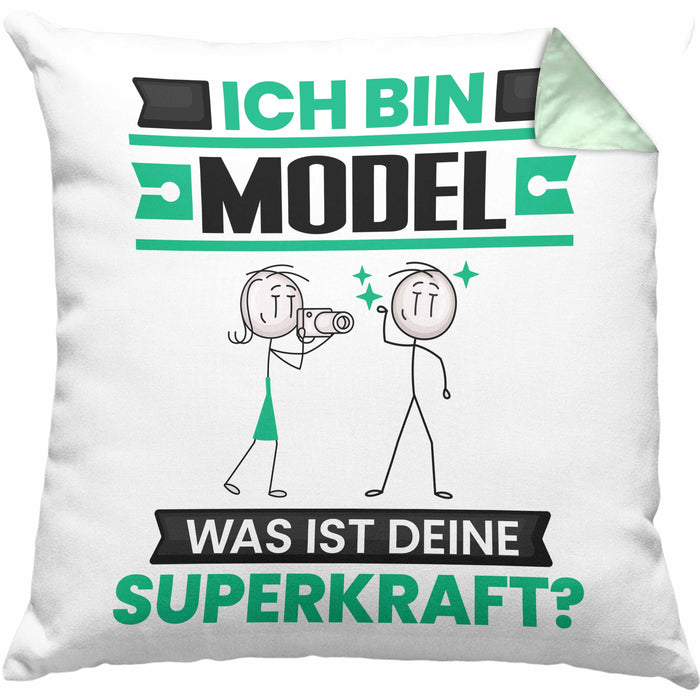 Model Kissen mit Füllung 40x40 Geschenk für Model Geburtstag Lustiger Spruch Was Ist Deine Superkraft (Grau) Grün Trendation