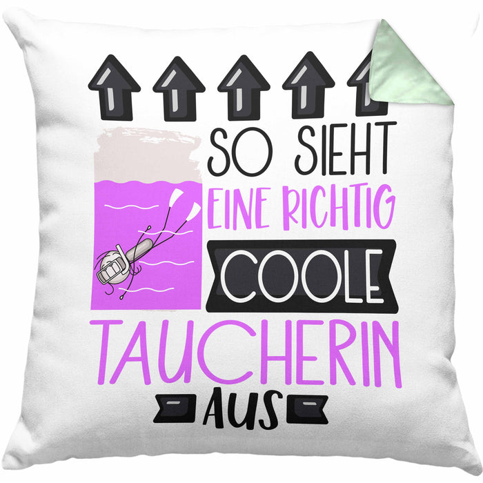 Taucherin Geschenk Kissen mit Füllung 40x40 Lustig Geschenkidee für Taucherin Geburtstag So Sieht Eine Richtig Coole Taucherin Aus Frauen Spruch (Grau) Grün Trendation