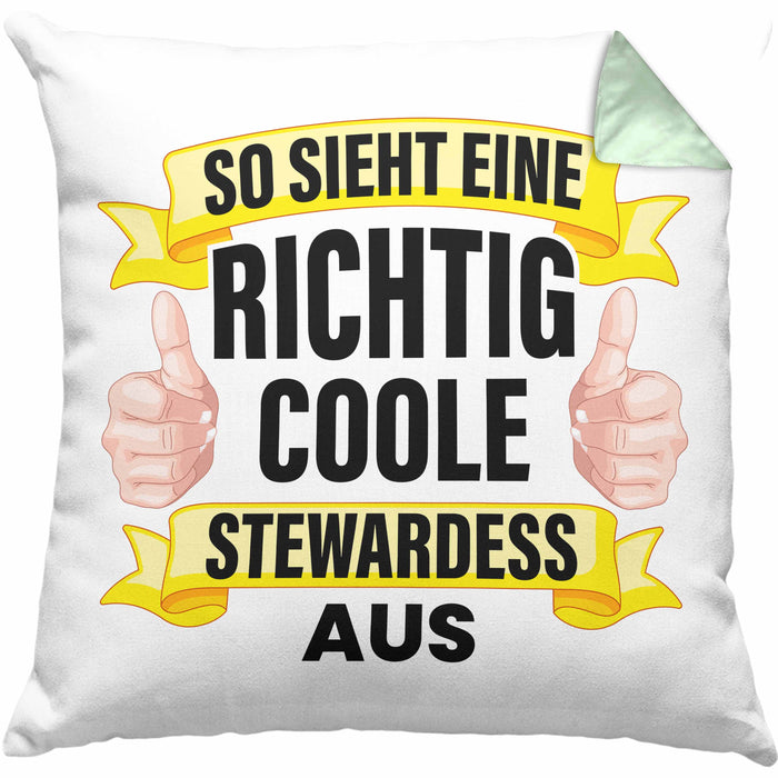 Stewardess Kissen mit Füllung 40x40 Geschenk für Stewardessin Lustiger Spruch Lustig Flugbegleiterin Sprüche (Grau) Grün Trendation