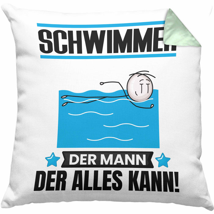 Schwimmer Kissen mit Füllung 40x40 Geschenk für Schwimmer Der Mann Der Alles Kann Geschenkidee zum Geburtstag (Grau) Grün Trendation