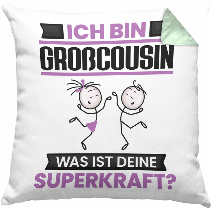 Großcousin Kissen mit Füllung 40x40 Geschenk für Großcousin Geburtstag Lustiger Spruch Was Ist Deine Superkraft (Grau) Grün Trendation