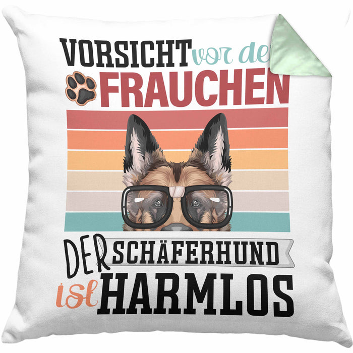 Schäferhund Besitzerin Frauchen Kissen mit Füllung 40x40 Geschenk Lustiger Spruch Geschenkidee Vorsicht Vor Dem Frauchen (Grau) Grün Trendation