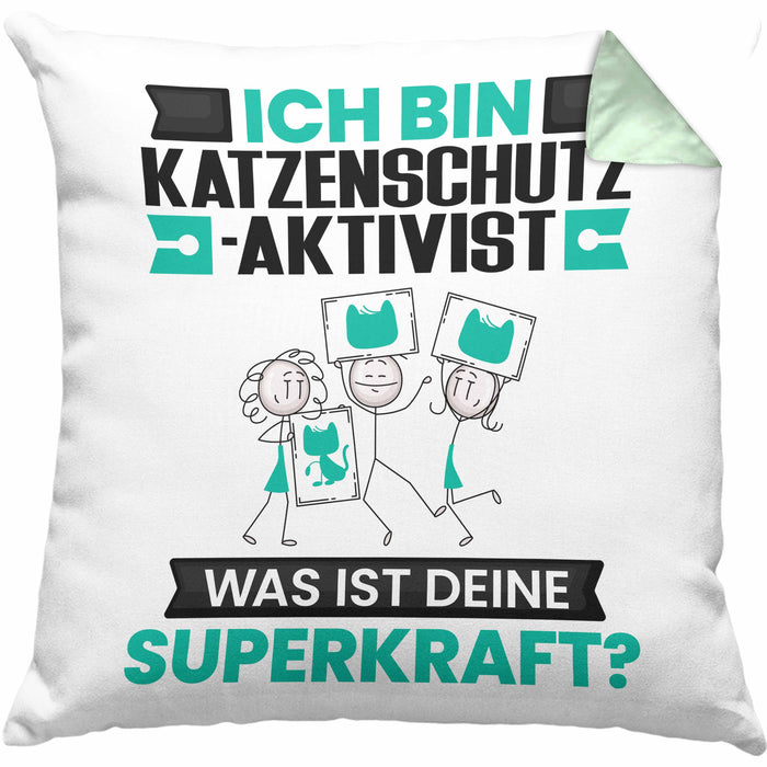Katzenschutzaktivist Kissen mit Füllung 40x40 Geschenk für Katzenschutzaktivist Geburtstag Lustiger Spruch Was Ist Deine Superkraft (Grau) Grün Trendation