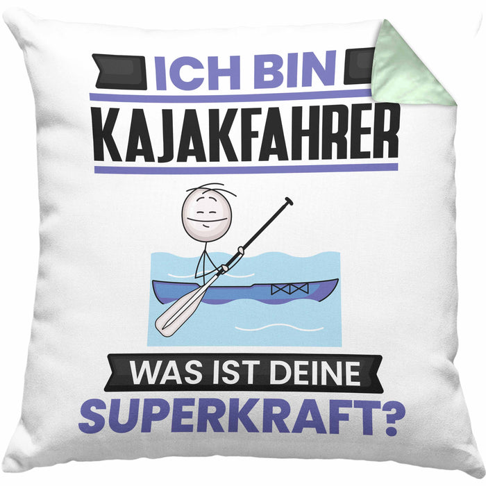 Kajakfahrer Kissen mit Füllung 40x40 Geschenk für Kajakfahrer Geburtstag Lustiger Spruch Was Ist Deine Superkraft (Grau) Grün Trendation