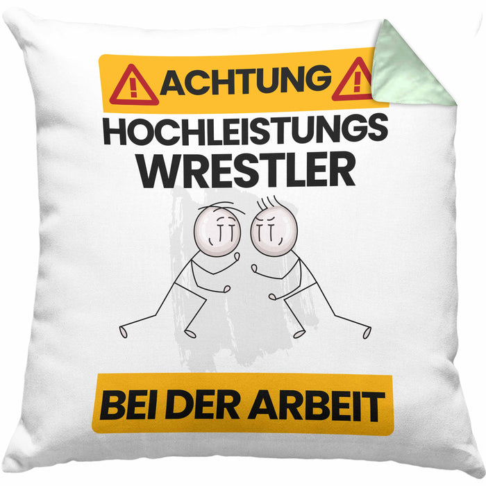Wrestler Kissen mit Füllung 40x40 Geschenk Lustiger Spruch Geschenkidee für Wrestler Achtung Hochleistungs Wrestler Bei Der Arbeit (Grau) Grün Trendation