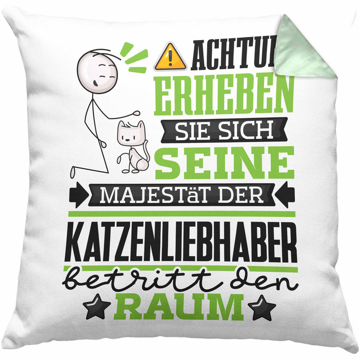 Katzenliebhaber Geschenk Kissen mit Füllung 40x40 Lustiger Spruch Erheben Sie Sich Der Katzenliebhaber Betritt den Raum (Grau) Grün Trendation