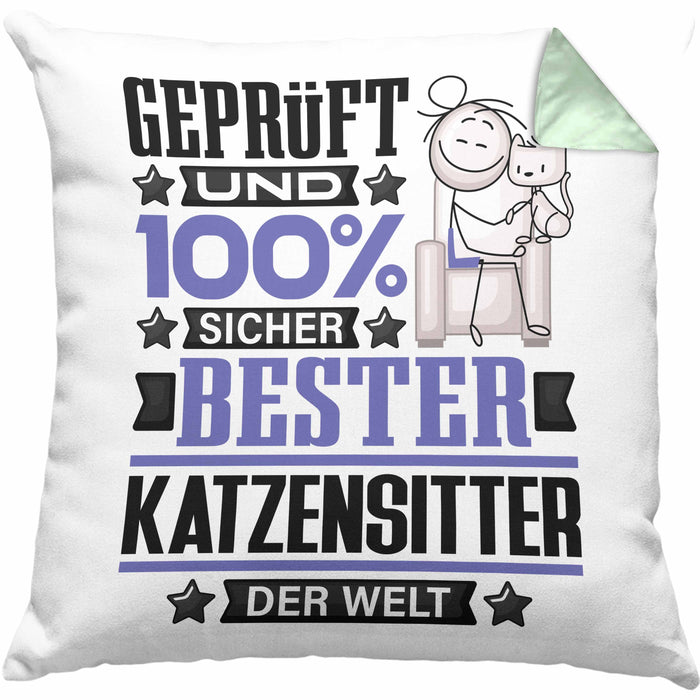 Katzensitter Geschenk Lustiger Spruch für Katzensitter Geschenkidee Bester Katzensitter Der WeltKissen mit Füllung 40x40 (Grau) Grün Trendation