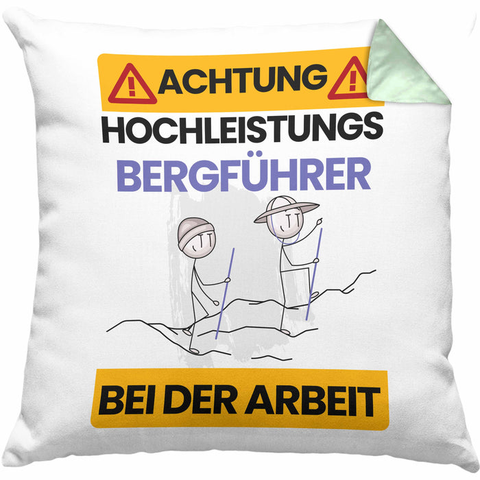 Bergführer Kissen mit Füllung 40x40 Geschenk Lustiger Spruch Geschenkidee für Bergführer Achtung Hochleistungs Bergführer Bei Der Arbeit (Grau) Grün Trendation
