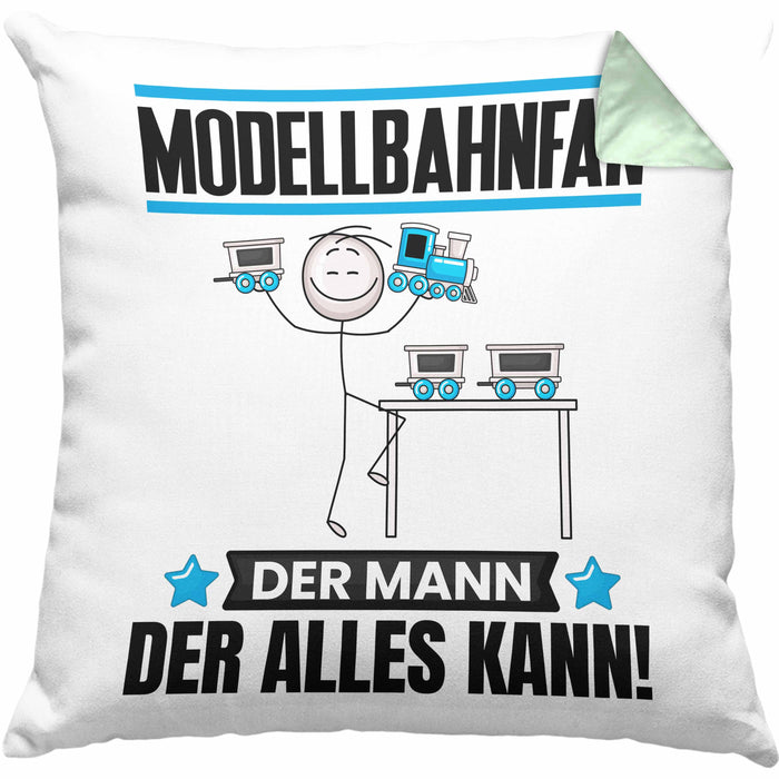 Modellbahnfan Kissen mit Füllung 40x40 Geschenk für Modellbahnfan Der Mann Der Alles Kann Geschenkidee zum Geburtstag (Grau) Grün Trendation