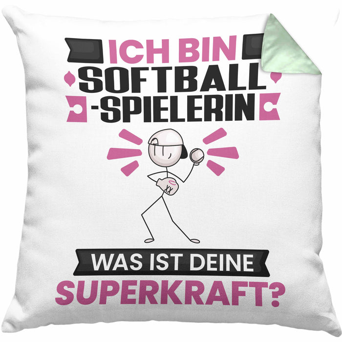 Softballspielerin Kissen mit Füllung 40x40 Geschenk für Softballspielerin Geburtstag Lustiger Spruch Was Ist Deine Superkraft (Grau) Grün Trendation