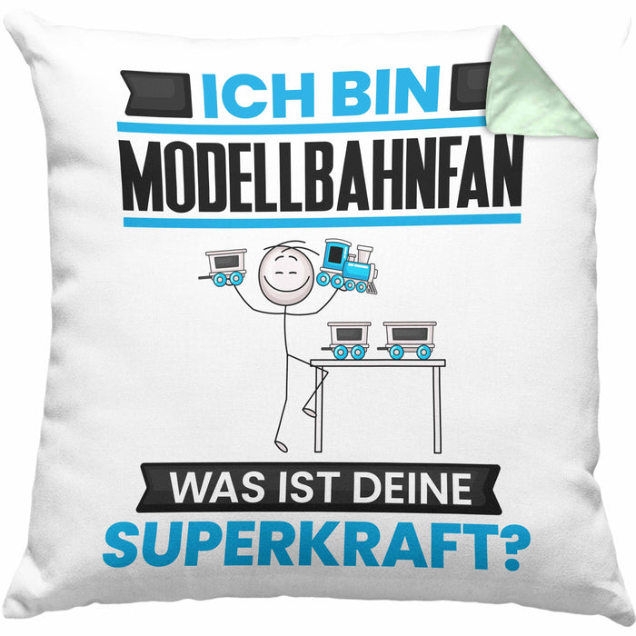 Modellbahnfan Kissen mit Füllung 40x40 Geschenk für Modellbahnfan Geburtstag Lustiger Spruch Was Ist Deine Superkraft (Grau) Grün Trendation
