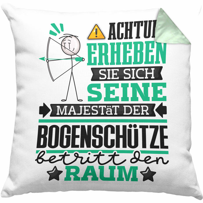 Bogenschütze Geschenk Kissen mit Füllung 40x40 Lustiger Spruch Erheben Sie Sich Der Bogenschütze Betritt den Raum (Grau) Grün Trendation