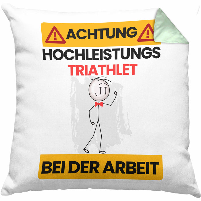 Triathlet Kissen mit Füllung 40x40 Geschenk Lustiger Spruch Geschenkidee für Triathlet Achtung Hochleistungs Triathlet Bei Der Arbeit (Grau) Grün Trendation