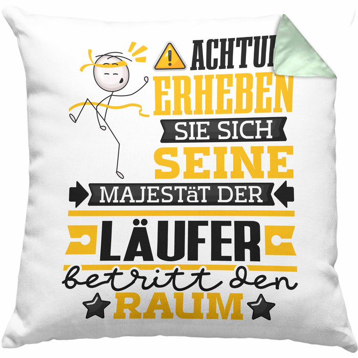 Läufer Geschenk Kissen mit Füllung 40x40 Lustiger Spruch Erheben Sie Sich Der Läufer Betritt den Raum (Grau) Grün Trendation