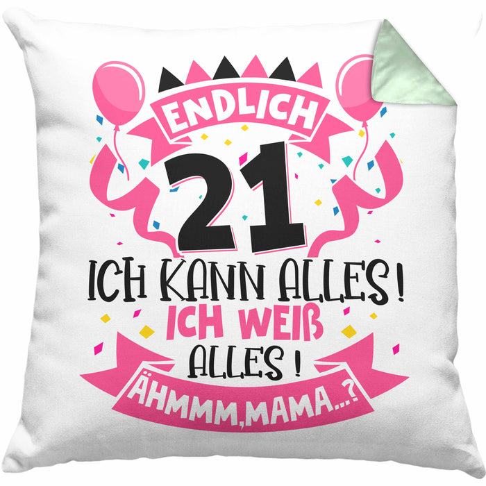 21. Geburtstag Geschenk Kissen mit Füllung 40x40 Frauen Mädchen Geschenkidee Endlich 21 Ich Kann Alles Ich Weiß Alles Ähm Mama (Grau) Grün Trendation