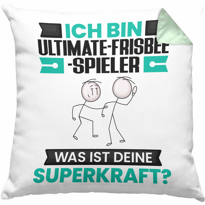 Ultimate-Frisbee-Spieler Kissen mit Füllung 40x40 Geschenk für Ultimate-Frisbee-Spieler Geburtstag Lustiger Spruch Was Ist Deine Superkraft (Grau) Grün Trendation