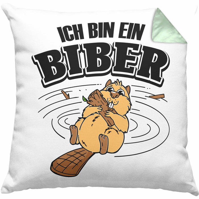 Bieber Kissen mit Füllung 40x40 Biebermotiv Geschenk Tierwohlhaber (Grau) Grün Trendation