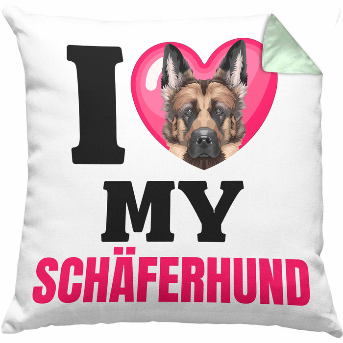 Schäferhund Besitzerin Kissen mit Füllung 40x40 Geschenk Lustiger Spruch Geschenkidee I Love My Schäferhund (Grau) Grün Trendation