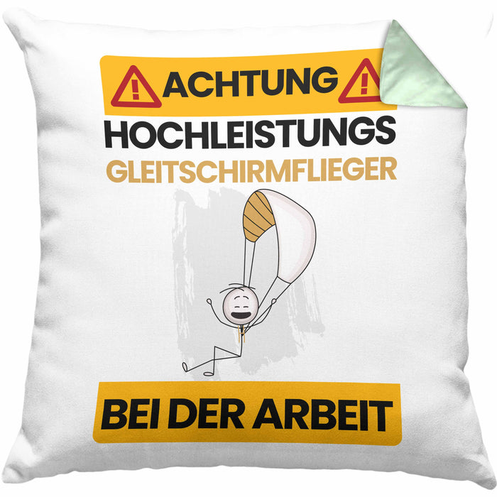 Gleitschirmflieger Kissen mit Füllung 40x40 Geschenk Lustiger Spruch Geschenkidee für Gleitschirmflieger Achtung Hochleistungs Gleitschirmflieger Bei Der Arbeit (Grau) Grün Trendation