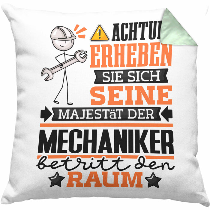 Mechaniker Geschenk Kissen mit Füllung 40x40 Lustiger Spruch Erheben Sie Sich Der Mechaniker Betritt den Raum (Grau) Grün Trendation