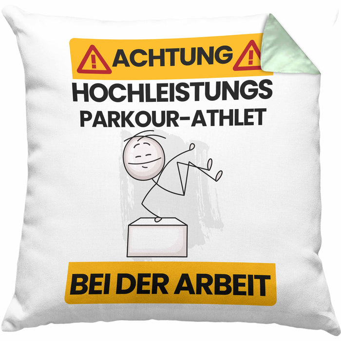 Parkour-Athlet Kissen mit Füllung 40x40 Geschenk Lustiger Spruch Geschenkidee für Parkour-Athlet Achtung Hochleistungs Parkour-Athlet Bei Der Arbeit (Grau) Grün Trendation