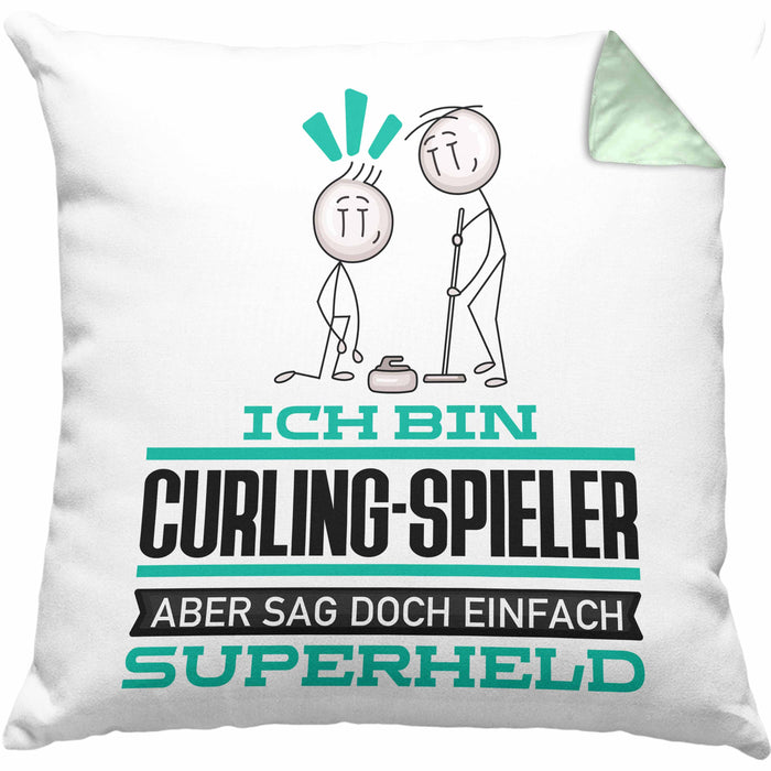 Curling-Spieler Geschenk Kissen mit Füllung 40x40 Ich Bin Curling-Spieler Aber Sag Doch Einfach Superheld Lustige Geschenkdiee für Curling-Spieler (Grau) Grün Trendation