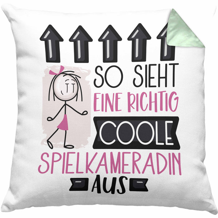 Spielkameradin Geschenk Kissen mit Füllung 40x40 Lustig Geschenkidee für Spielkameradin Geburtstag So Sieht Eine Richtig Coole Spielkameradin Aus Frauen Spruch (Grau) Grün Trendation