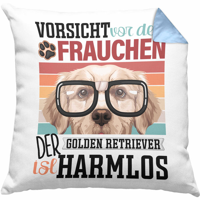 Golden Retriever Besitzerin Frauchen Kissen mit Füllung 40x40 Geschenk Lustiger Spruch Geschenkidee Vorsicht Vor Dem Frauchen (Grau) Blau Trendation