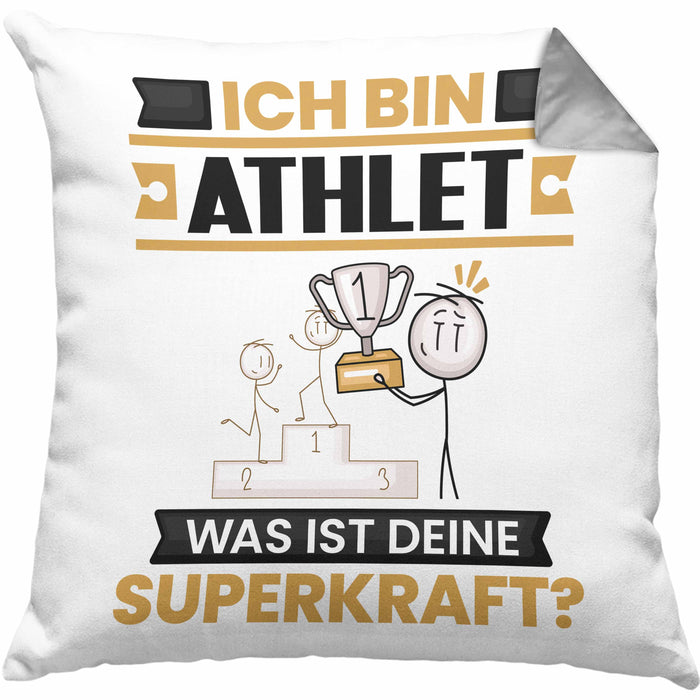 Athlet Kissen mit Füllung 40x40 Geschenk für Athlet Geburtstag Lustiger Spruch Was Ist Deine Superkraft (Grau) Grau Trendation