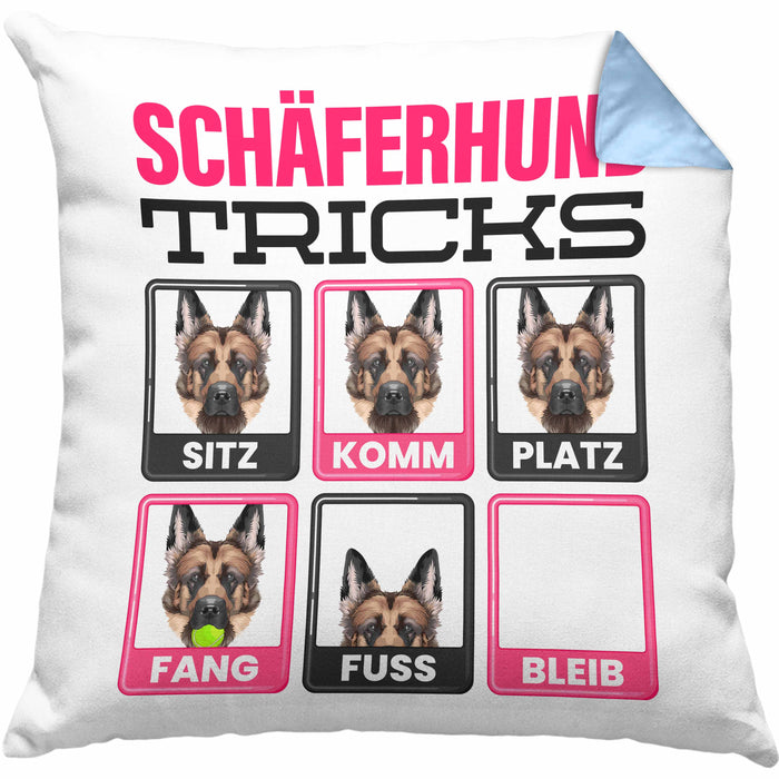 Schäferhund Besitzer Kissen mit Füllung 40x40 Geschenk Lustiger Spruch Geschenkidee Schäferhund Tricks Bleib (Grau) Blau Trendation