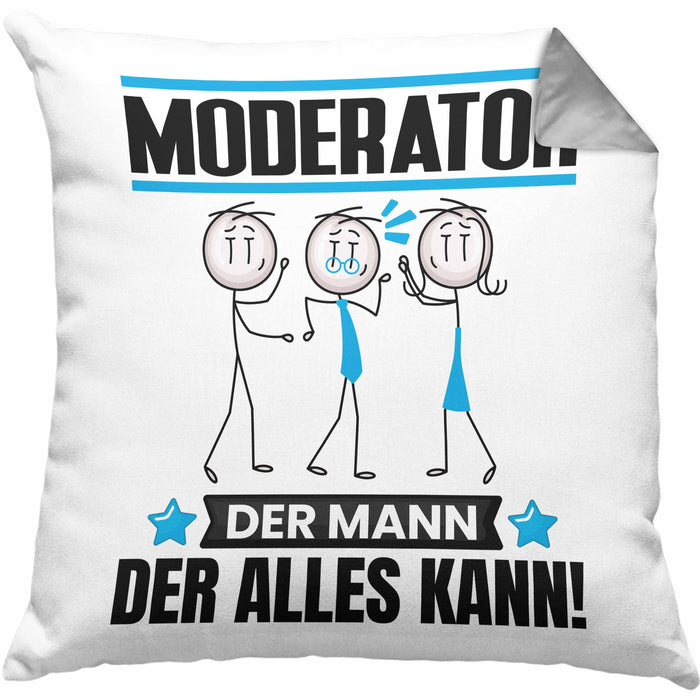 Moderator Kissen mit Füllung 40x40 Geschenk für Moderator Der Mann Der Alles Kann Geschenkidee zum Geburtstag (Grau) Grau Trendation