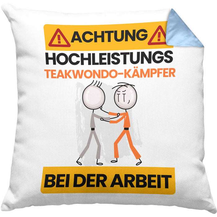 Taekwondo-Kämpfer Kissen mit Füllung 40x40 Geschenk Lustiger Spruch Geschenkidee für Taekwondo-Kämpfer Achtung Hochleistungs Taekwondo-Kämpfer Bei Der Arbeit (Grau) Blau Trendation