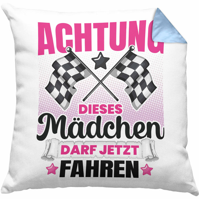 Führerschein Bestanden Geschenk Kissen mit Füllung 40x40 Bestandener Führerschein Achtung Dieses Mädchen Darf Jetzt Fahren Fahrschule (Grau) Blau Trendation