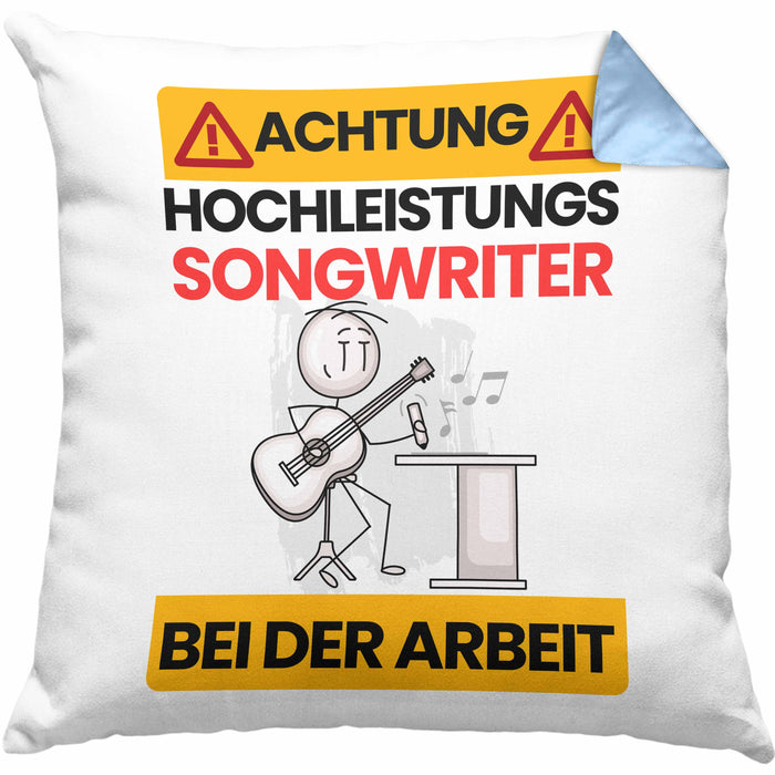 Songwriter Kissen mit Füllung 40x40 Geschenk Lustiger Spruch Geschenkidee für Songwriter Achtung Hochleistungs Songwriter Bei Der Arbeit (Grau) Blau Trendation