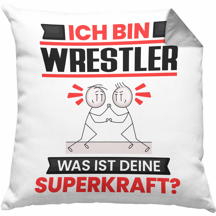 Wrestler Kissen mit Füllung 40x40 Geschenk für Wrestler Geburtstag Lustiger Spruch Was Ist Deine Superkraft (Grau) Grau Trendation