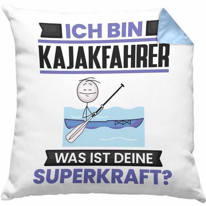 Kajakfahrer Kissen mit Füllung 40x40 Geschenk für Kajakfahrer Geburtstag Lustiger Spruch Was Ist Deine Superkraft (Grau) Blau Trendation
