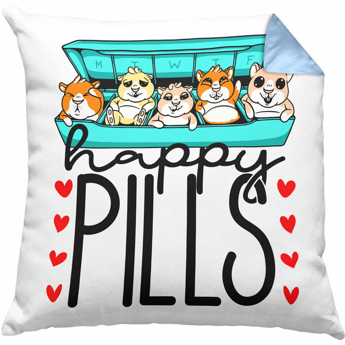 Lustiges Geschenk für Hamsterliebhaber: "Happy Pills" Kissen mit Füllung 40x40 Hamster Besitzer Grafik Züchter (Grau) Blau Trendation
