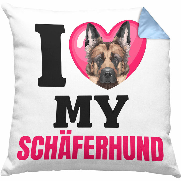 Schäferhund Besitzerin Kissen mit Füllung 40x40 Geschenk Lustiger Spruch Geschenkidee I Love My Schäferhund (Grau) Blau Trendation