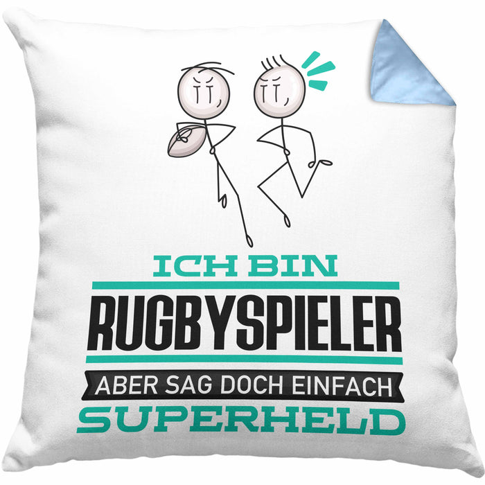Rugbyspieler Geschenk Kissen mit Füllung 40x40 Ich Bin Rugbyspieler Aber Sag Doch Einfach Superheld Lustige Geschenkdiee für Rugbyspieler (Grau) Blau Trendation