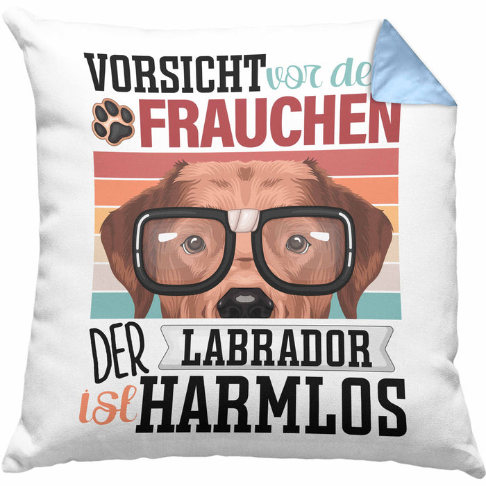 Labrador Besitzerin Frauchen Kissen mit Füllung 40x40 Geschenk Lustiger Spruch Geschenkidee Vorsicht Vor Dem Frauchen (Grau) Blau Trendation