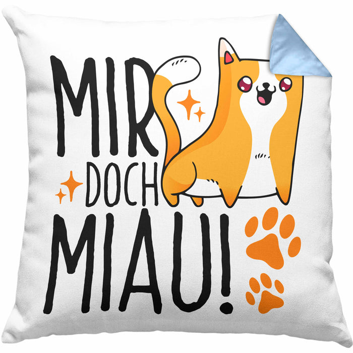 Katzen Kissen mit Füllung 40x40 Lustige Geschenkidee "Mir Doch Miau" Geschenk für Katzen-Besitzerin (Grau) Blau Trendation