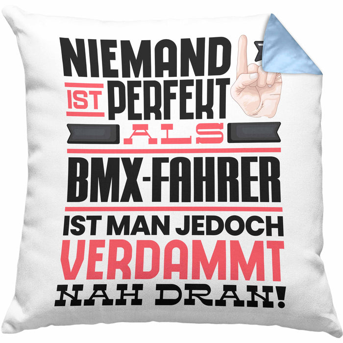 BMX-Fahrer Geschenk Kissen mit Füllung 40x40 Lustige Geschenkidee für BMX-Fahrer Geburtstag Niemand Ist Perfekt Aber Als BMX-Fahrer Ist Man Nah Dran (Grau) Blau Trendation