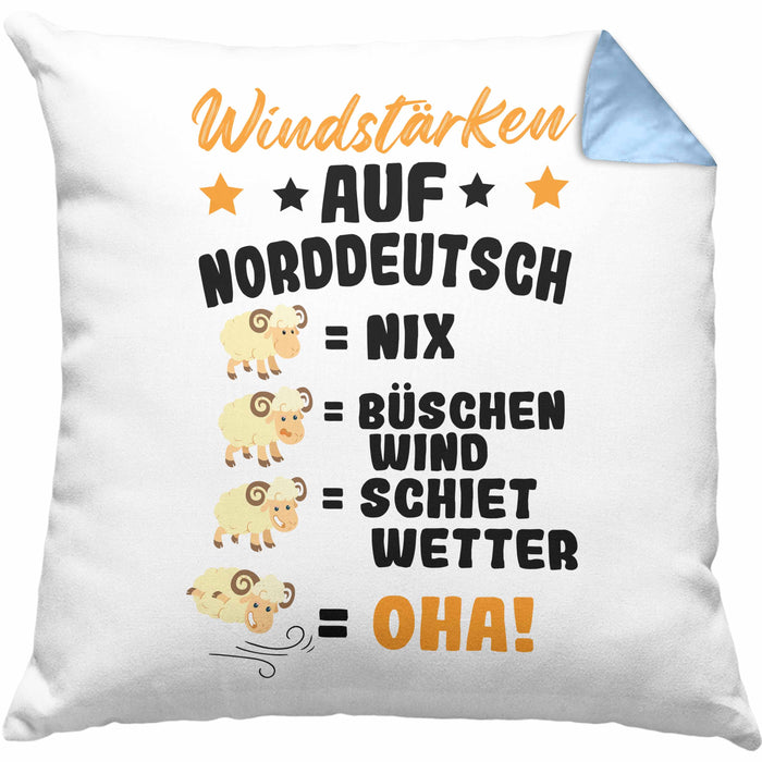 Windstärken Auf Norddeutsch Kissen mit Füllung 40x40 Geschenk Norddeutschland Spruch Büschen Wind Schiet Wetter (Grau) Blau Trendation