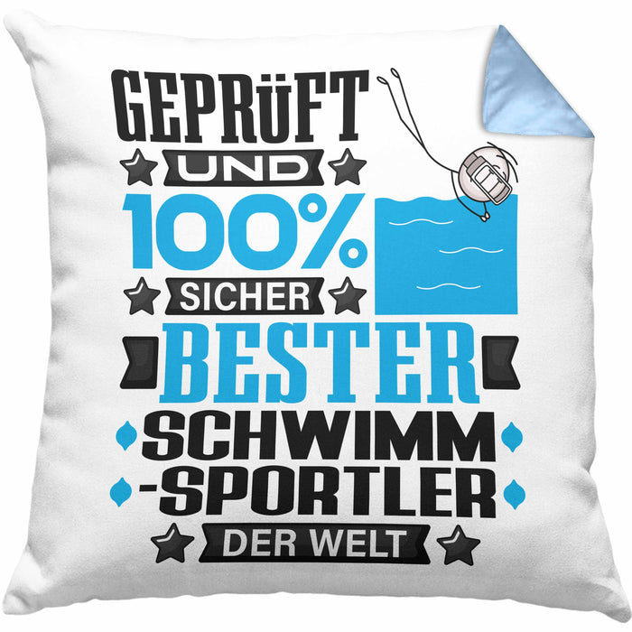 Schwimmsportler Geschenk Lustiger Spruch für Schwimmsportler Geschenkidee Bester Schwimmsportler Der WeltKissen mit Füllung 40x40 (Grau) Blau Trendation