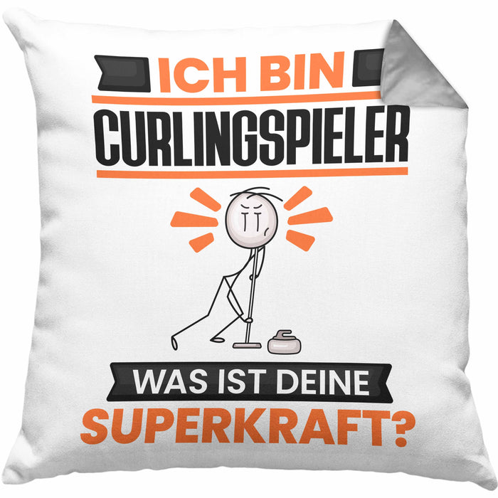 Curlingspieler Kissen mit Füllung 40x40 Geschenk für Curlingspieler Geburtstag Lustiger Spruch Was Ist Deine Superkraft (Grau) Grau Trendation